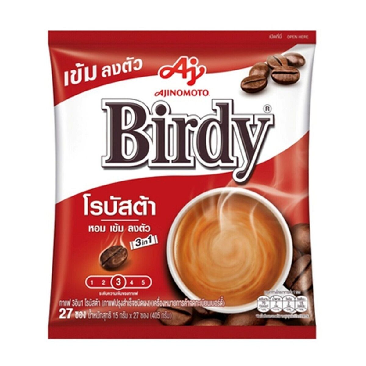 TH-CF-003 อายิโนะโมะโต๊ะ เบอร์ดี้ โรบัสต้า กาแฟสำเร็จรูป Ajinomoto Birdy Robusta 3 in 1 Instant Coffee 15g x 27